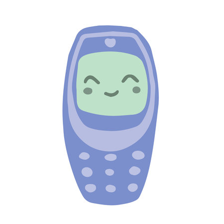 Hand-drawn cute isolated clipart illustration of y2k old cell phone with smiling faceのイラスト素材