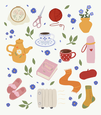 Hand-drawn set of cute isolated hygge cozy aesthetic itemsのイラスト素材
