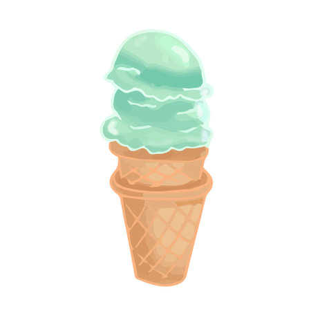Hand drawn cute isolated clip art illustration of green ice cream cone with two scoopsのイラスト素材