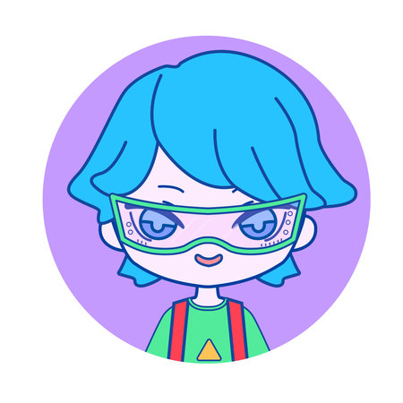 Trendy chibi portrait of cyberpunk boy with blue hair and futuristic glassesのイラスト素材