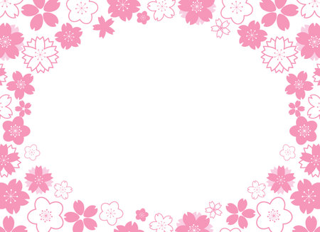 Horizontal frame with flat pink geometrical sakura flowers on white backgroundのイラスト素材