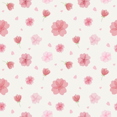 Seamless pattern with different beautiful watercolor sakura flowers and petalsのイラスト素材