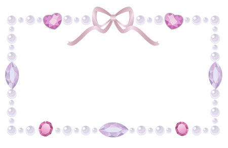 Horizontal frame with white pearls, pink and violet jewels and a pastel satin bow. Decorative element for design, banner, photo frame, notes. Vector Illustration EPS 10のイラスト素材