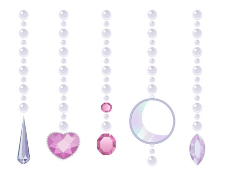 Set of white pearl pendants with hanging gemstones. Pink and violet jewels with different shapes and design, oval, heart, moon, drop. Vector illustration EPS 10のイラスト素材