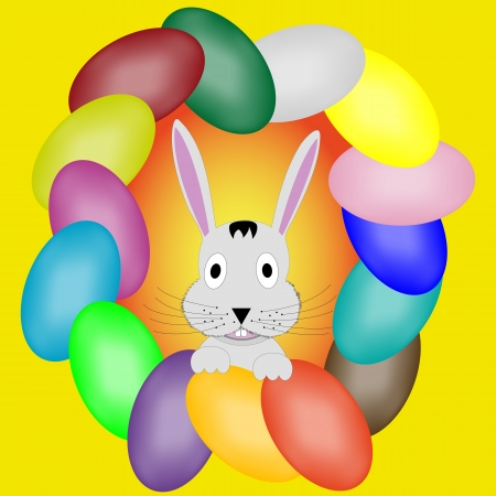 Rabbit that appears by a frame of colored eggsのイラスト素材