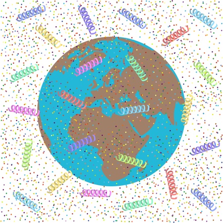 Earth on a white background with confetti and silly stringのイラスト素材