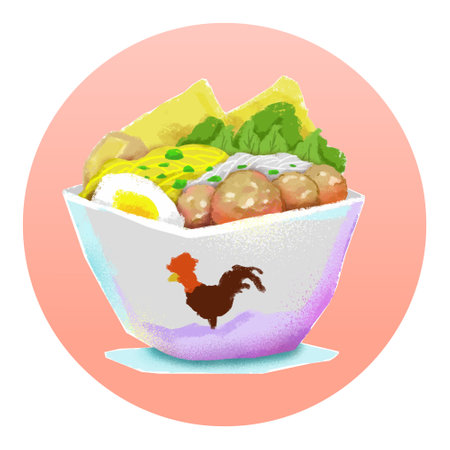 Bakso, Indonesian traditional food. Meat balls soup with egg, noodle, vermicelli, and vegetables vector illustrationのイラスト素材