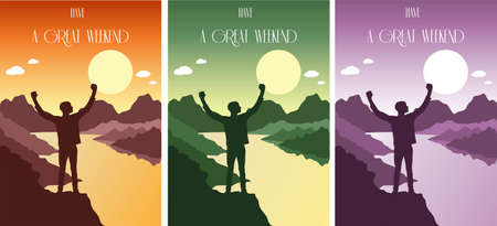 Happy boy stands on a hill by the river set of postcards. Silhouette of a boy in the rays of the...