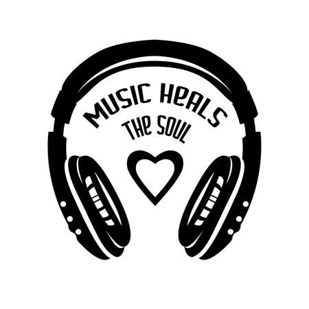 Music related t-shirt design. Headphones monochrome graphic. Vector illustration isolated. Music heals the soul quote text phrase quotation.のイラスト素材