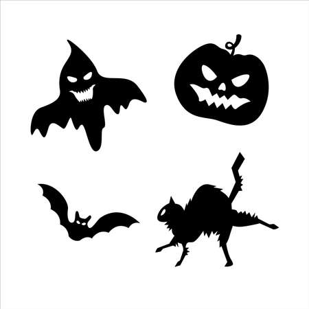 Set of Halloween pictures with pumpkin, ghost, black cat, bat. Isolated vector illustration. A set of images on the theme of Halloween.のイラスト素材