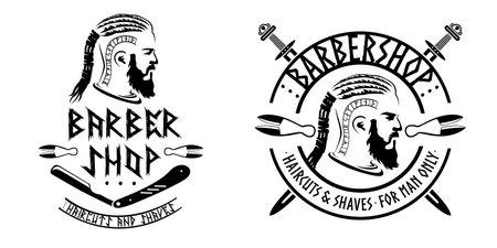Barber shop viking style, isolated vector vintage illustration. Bearded viking man monochrome silhouette.のイラスト素材