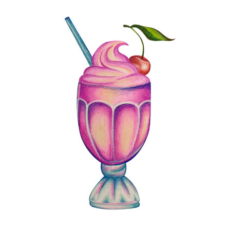 Beautiful stylized a tall glass of milk shake with cherry and straw. Isolated on white background. Hand drawn a bright pensils vector illustration for design menus cafe bar.のイラスト素材