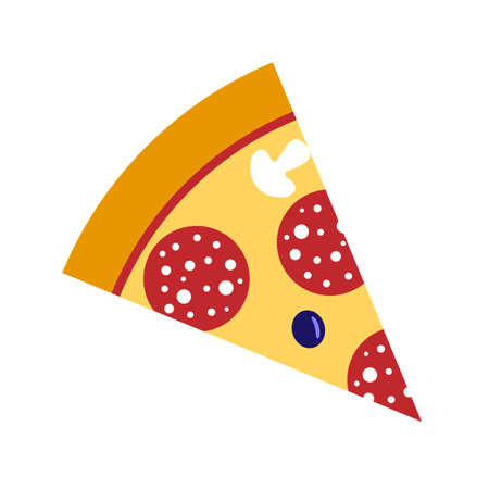 Pizza slice vector, Italian food pizzeria isolated icon. An appetizer with mushrooms, salami, and olives. Vector illustrations for the pizzeria menu.のイラスト素材
