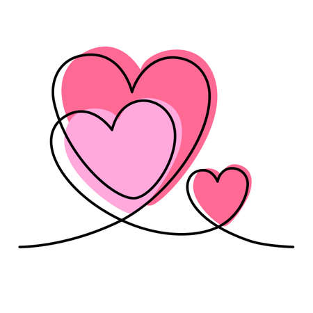 Continuous one line drawing of three hearts isolated on white background. vector illustration for banner, valentine, wedding, template, poster. Black thin line image of heart icon.のイラスト素材