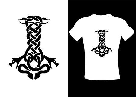 Jormungandr Thor s hammer Mjolnir Celtic knot, Scandinavian viking style ornament. Hand drawing. Isolated vector illustration t-shirt design.のイラスト素材