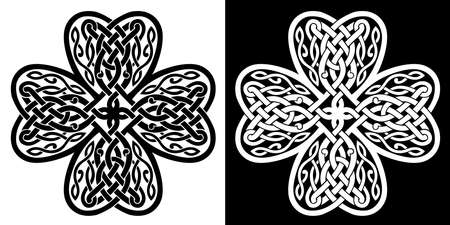 Four-leaf clover shaped knot made of Celtic heart shape knots, black and white silhouette, celtic style. Isolated vector illustrationのイラスト素材