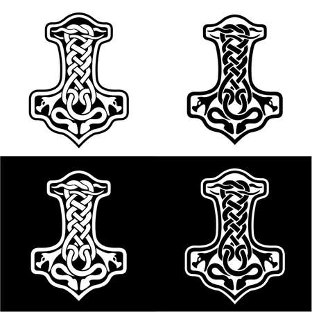 Hammer of Thor Mjolnir Celtic knot, Scandinavian Viking style ornament. Isolated vector illustration. Hand drawing set.のイラスト素材