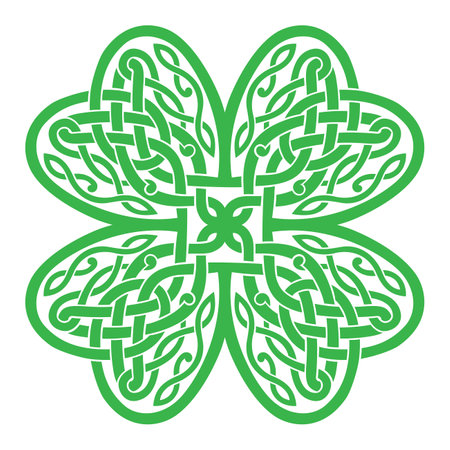 Four-leaf clover shaped knot made of Celtic heart shape knots, green silhouette, celtic style tattoo. Isolated vector illustrationのイラスト素材