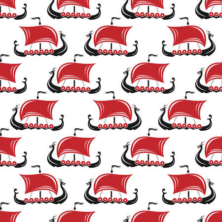 Drakkar vikings pattern vector illustration. Viking transport warship seamless background. Viking ship boat scandinavia textureのイラスト素材