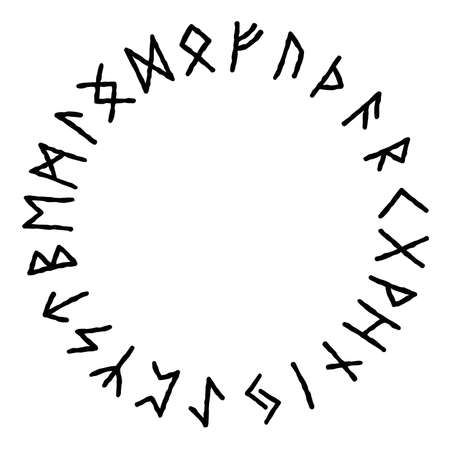 Vector set of ancient Old Norse runes Elder Futhark. 24 runes in circle. Mystical, esoteric, occult, magic symbols. Viking style, design templateのイラスト素材
