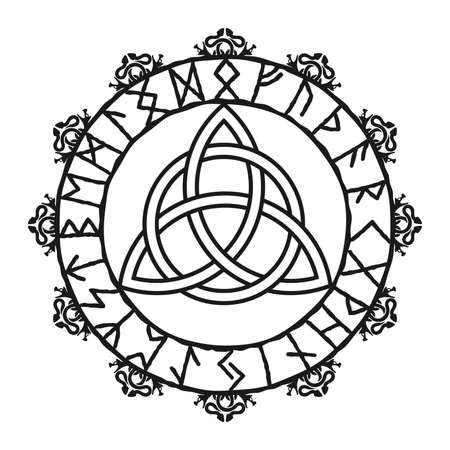 Triquetra sign, celtic knot logo. Scandinavian protective amulet. Pagan Celtic symbol of triangle, nordic tattoos. 24 Runes, vector illustration. Scandinavian runic amulet vikings with a futhark in a circle.のイラスト素材
