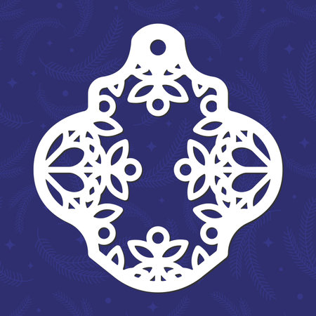 Christmas figured ball with snowflake, template of laser cutting. Merry Christmas tree decoration for paper cut out. Vector illustration on blue backgroundのイラスト素材