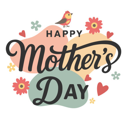 Happy Mothers Day lettering in pastel colors, with birds and flowers, isolated vector illustration.のイラスト素材