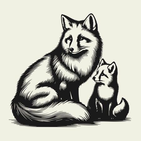 Fox with fox cub, wild animal with its cub, monochrome isolated vector illustration on light background.のイラスト素材