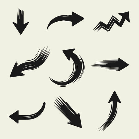 Arrows pointers drawn with brush monochrome, vector symbols isolated on white background