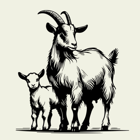 Goat with kid, farm animals, monochrome flat vector illustration.のイラスト素材