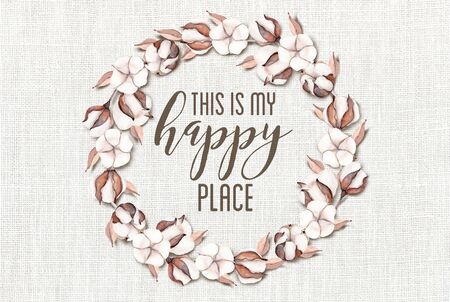 "This is my Happy Place" Cotton Floral Shabby Chic Wreath Wood Backgroundの写真素材