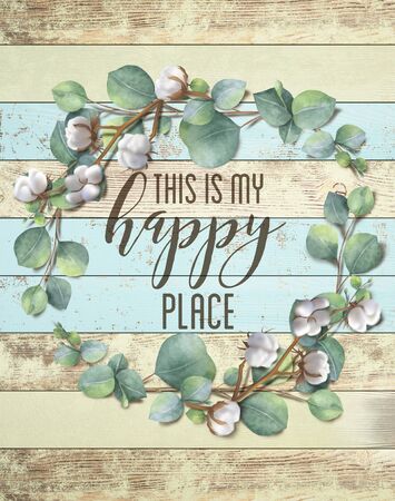 "This is my Happy Place" Cotton Floral Shabby Chic Wreath Wood Backgroundの写真素材
