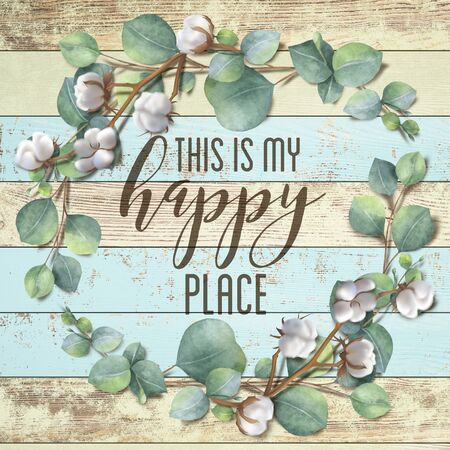 "This is my Happy Place" Cotton Floral Shabby Chic Wreath Wood Backgroundの写真素材