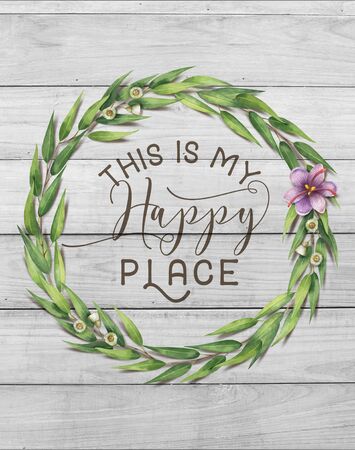 "This is my Happy Place" Cotton Floral Shabby Chic Wreath Wood Backgroundの写真素材