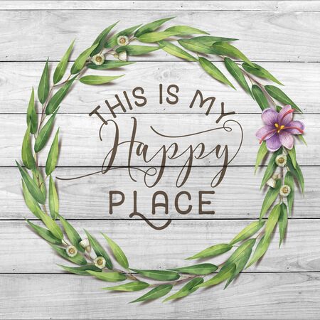 "This is my Happy Place" Cotton Floral Shabby Chic Wreath Wood Backgroundの写真素材