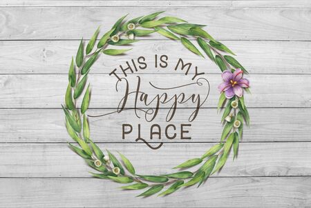 "This is my Happy Place" Cotton Floral Shabby Chic Wreath Wood Backgroundの写真素材