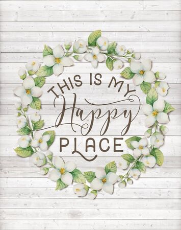"This is my Happy Place" Cotton Floral Shabby Chic Wreath Wood Backgroundの写真素材