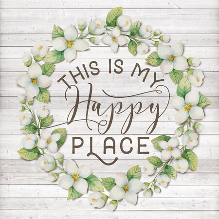 "This is my Happy Place" Cotton Floral Shabby Chic Wreath Wood Backgroundの写真素材