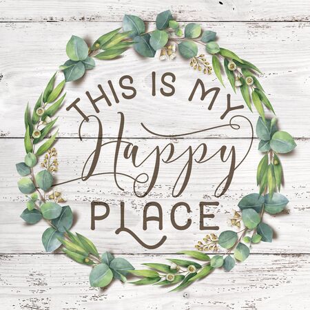 "This is my Happy Place" Cotton Floral Shabby Chic Wreath Wood Backgroundの写真素材