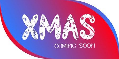 Merry Christmas poster / sticker.  XMAS coming soon. Lettering / typography / calligraphy. Hand drawn design elements. Vector illustration.のイラスト素材