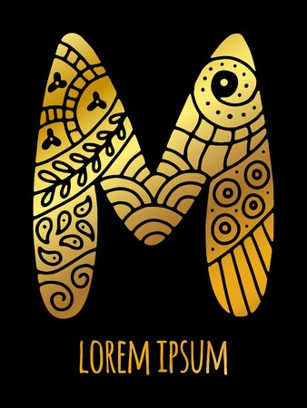 Gold glowing  letter M in creative hand drawn / calligraphy mosaic style. High detail golden glowing letter for decoration of kids' illustrations, websites, posters, comics and banners.Vector illustration.のイラスト素材