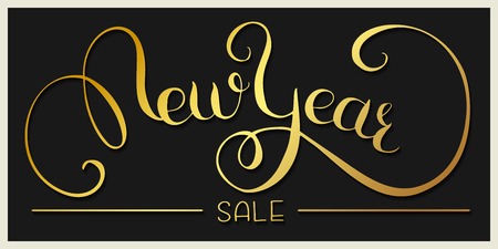 New Year sale card: gold and shine. Lettering / typography / calligraphy. Hand drawn design elements. Vector illustration.のイラスト素材
