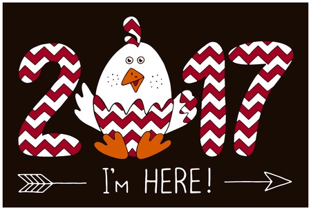 2017 - I'm here!New Year's design of card. Fun handmade vector illustration of numbers & rooster.Symbol of 2017 on the Chinese calendar. Image of 2017 year of Red Rooster witn lettering.のイラスト素材