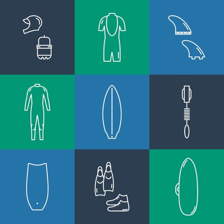 Collection of surfing goods icons. Line iconsのイラスト素材