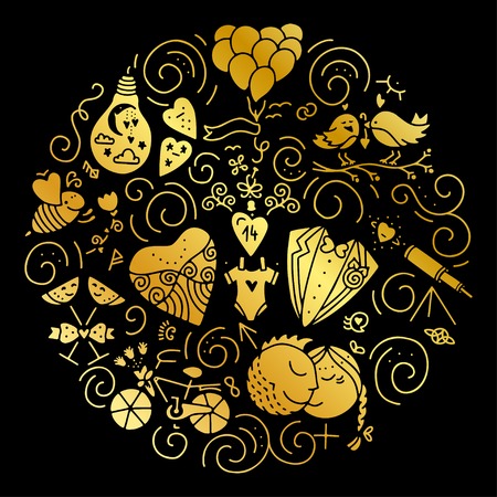Circle design element with different romantic icons - wedding, gender, balloon, bee, bicycle, flower. Isolated vector design element made in trendy lifestyle. St. Valentines concept.のイラスト素材