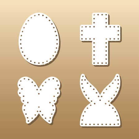 Easter lace plates mock-ups for gift tags, cake toper and cards. Cutout logos of egg, rabbit, butterfly and cross. Template laser cutting machine for wood, metal and paper. Creative illustrations for stickers or applications.のイラスト素材