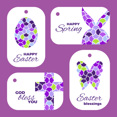Easter mosaic plates mock-ups for gift tags and cards. Mosaic logos of egg, rabbit, butterfly and cross. Creative illustrations for stickers or applications.のイラスト素材