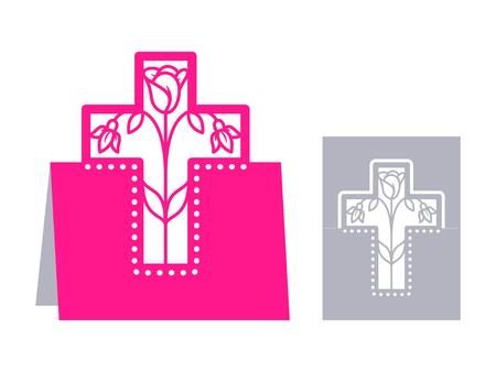 Laser cut template for Easter greeting fold-out cards, invitations. Easter cross with a floral pattern cut out of paper. Image suitable for laser cutting, plotter cutting or printing.のイラスト素材