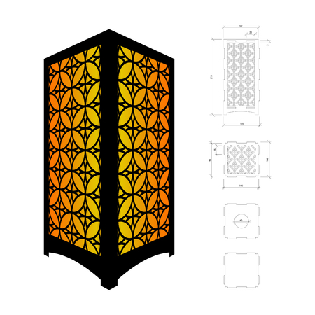 Cut out template for lamp, candle holder, lantern or chandelier (plywood 3mm).  Shadow box with oriental geometric design. Scheme is suitable for a laser cutting or printingのイラスト素材