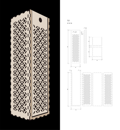 Cut out template for Wine gift slider Box (plywood 3 mm). Creative memory bottle pack with geometric design. Scheme is suitable for a laser cutting or printingのイラスト素材